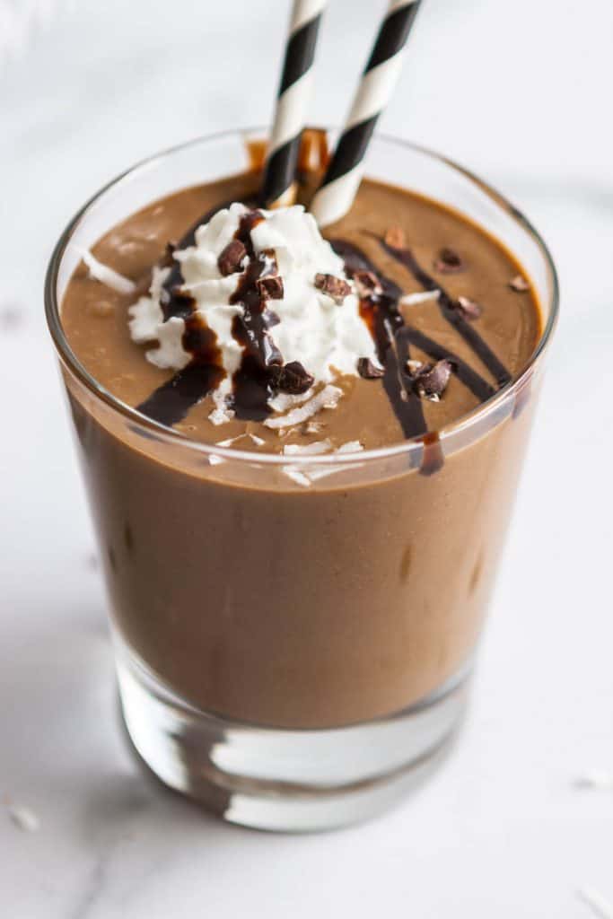 Chocolate Coconut Smoothie in a glass.