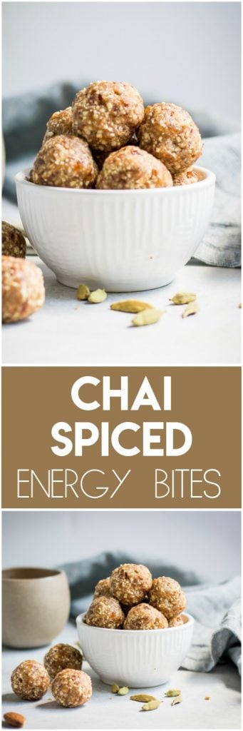 These Chai Spiced Energy Bites are the perfect snack this fall! This recipe is simple and with all the cozy spices of a chai tea latte--no baking required! #chai #chaitea #chailatte #tea #nobake #energybites #snack #simplerecipe