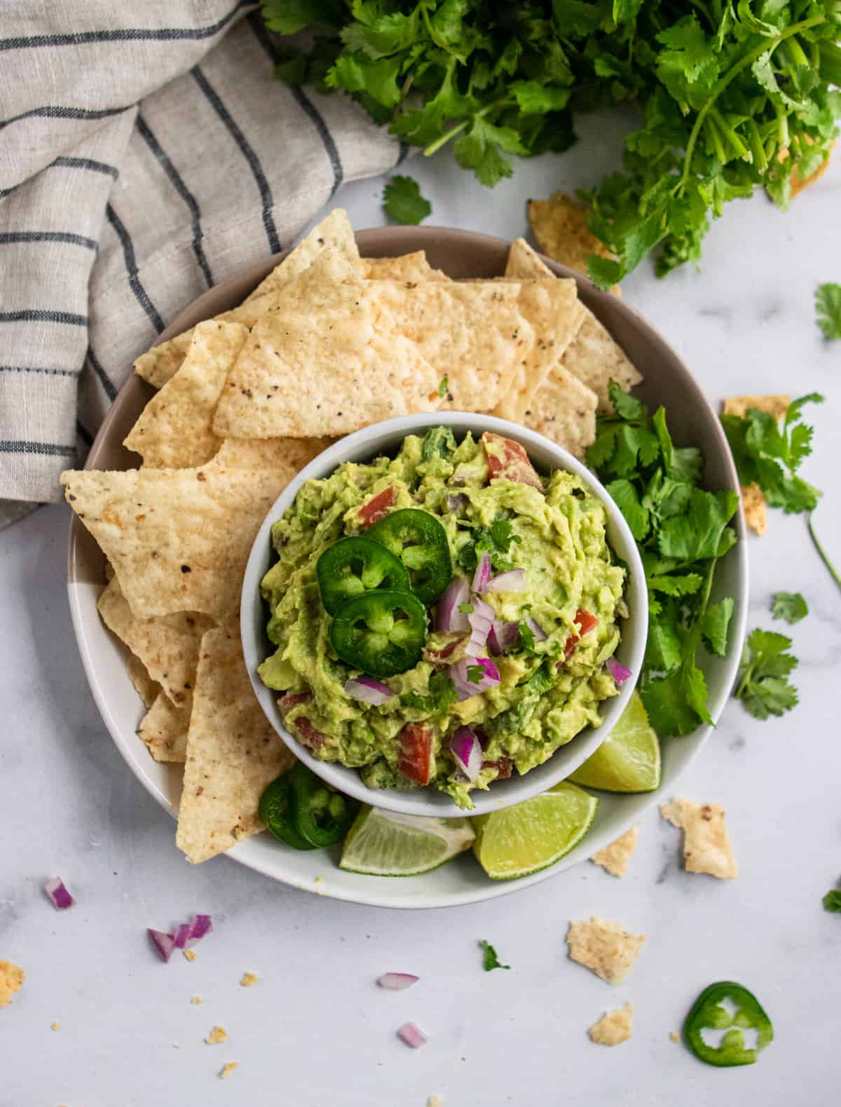 Guacamole with chips and fixins.