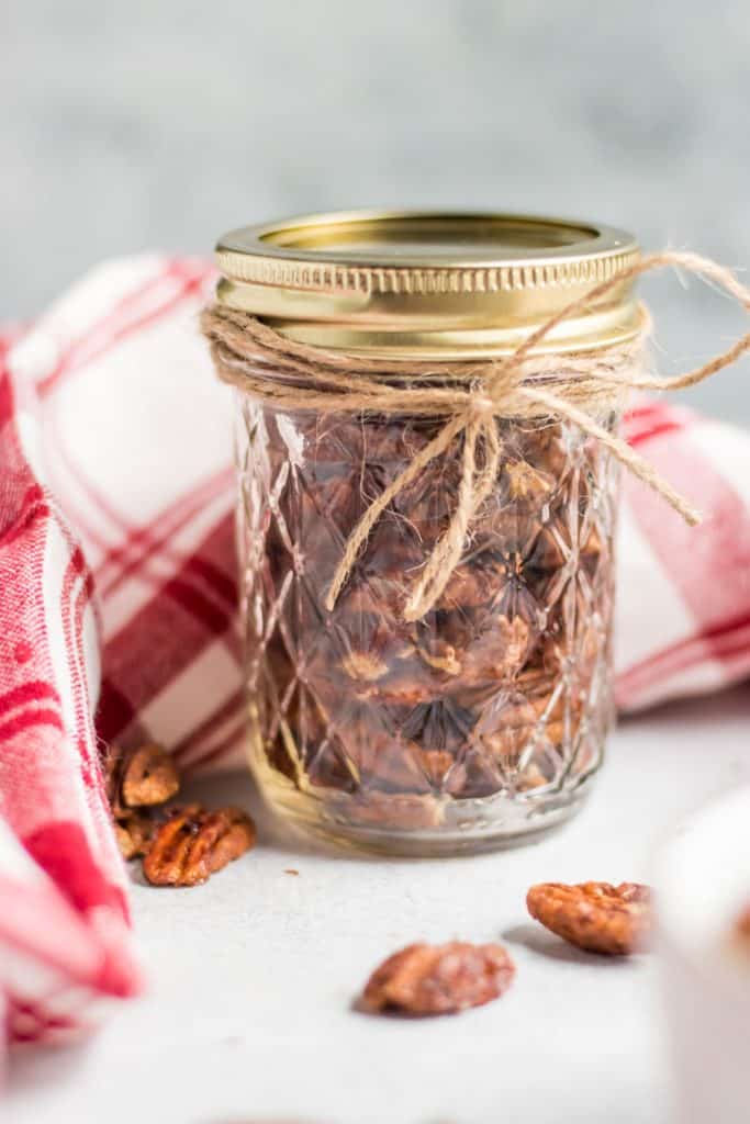 Maple Vanilla Spiced Pecans in Ball Jar with bow.