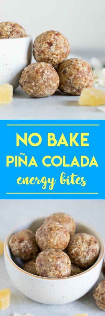 If you like Piña Coladas then these No Bake Piña Colada Energy Bites are for you! Dates, nuts, dried fruit are packed into these refreshing and tasty little bites. #nobake #pinacolada #energybites #snacks #medjooldates #macadamianuts #pineapple #coconut #recipe