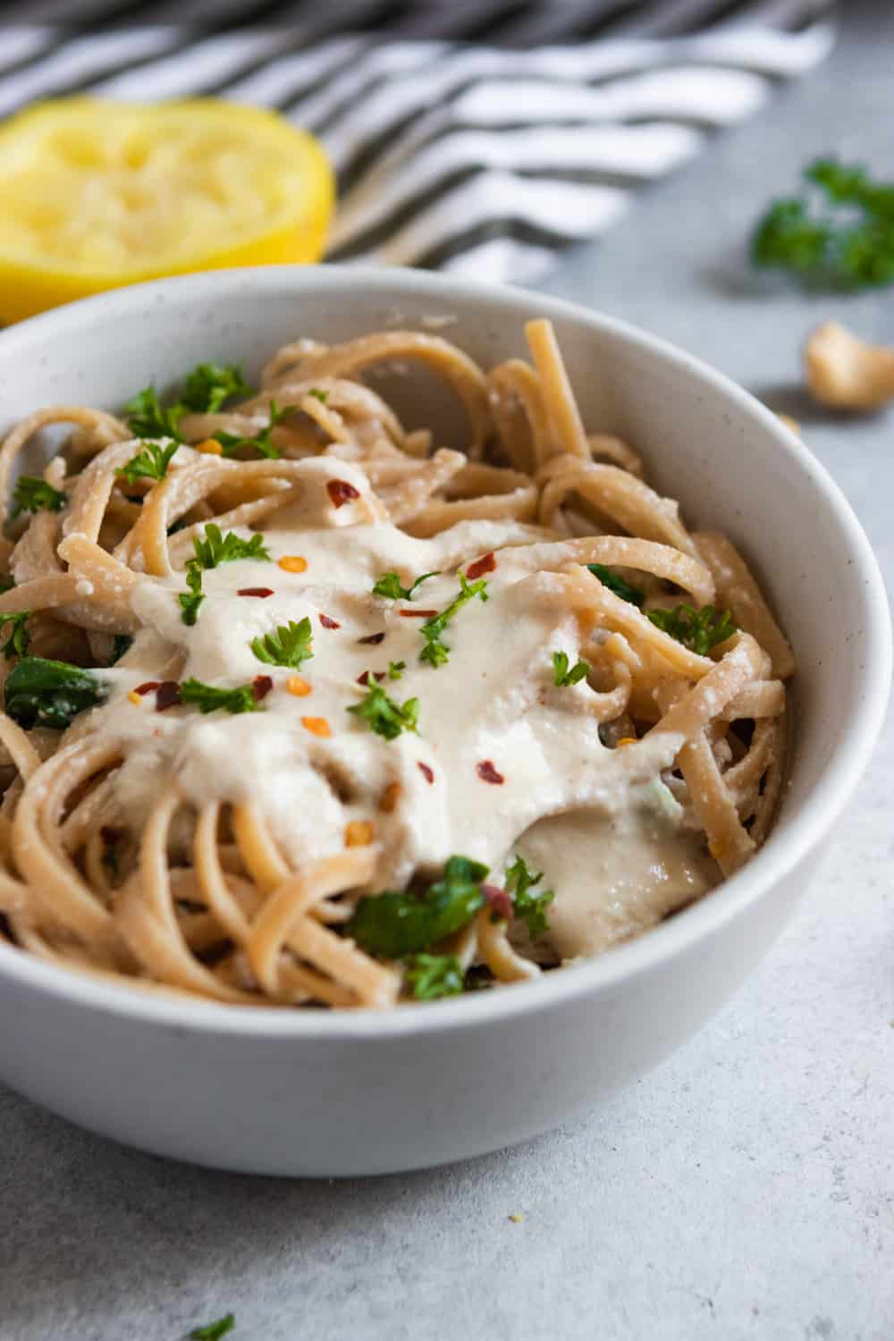 Lemon Garlic Cashew Cream Sauce over Fettuccini.