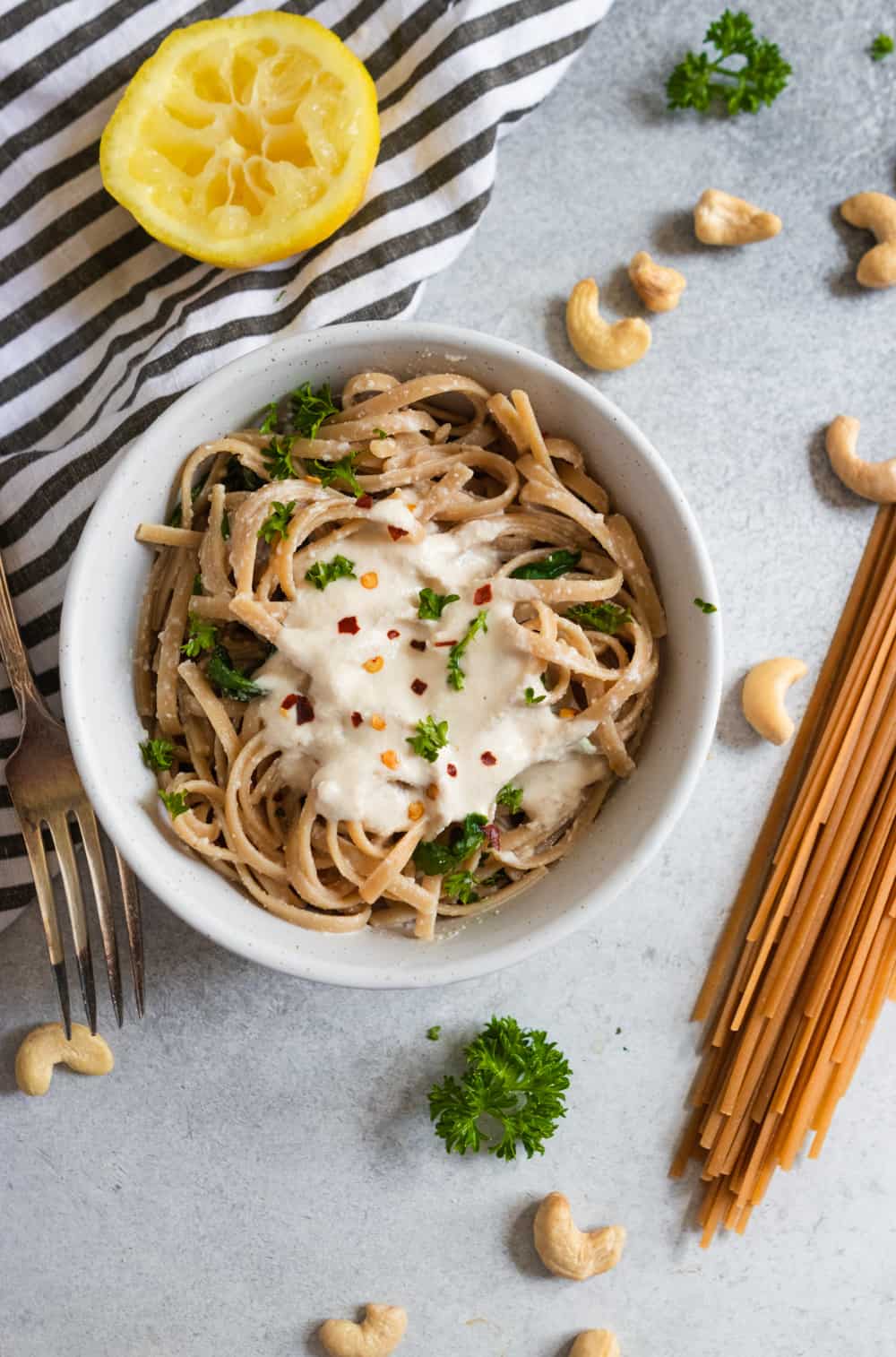 Lemon Garlic Cashew Cream Sauce over Pasta.