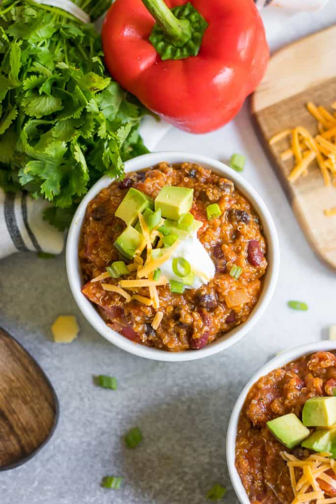 Pumpkin goes well beyond pie and lattes--dd it to your chili in this Pumpkin Quinoa Chili! So simple and packed with veggies, beans and just the right amount of spice. A perfect cozy meal for fall!