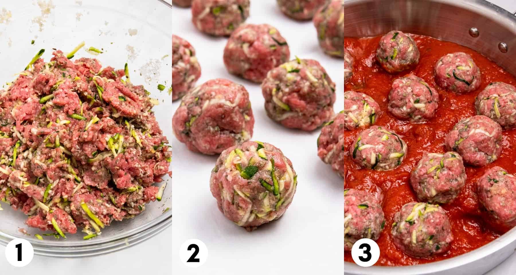 Meatball mixture in mixing bowl and then rolled into balls.