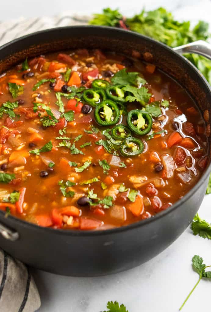 Pan of black bean rice soup.