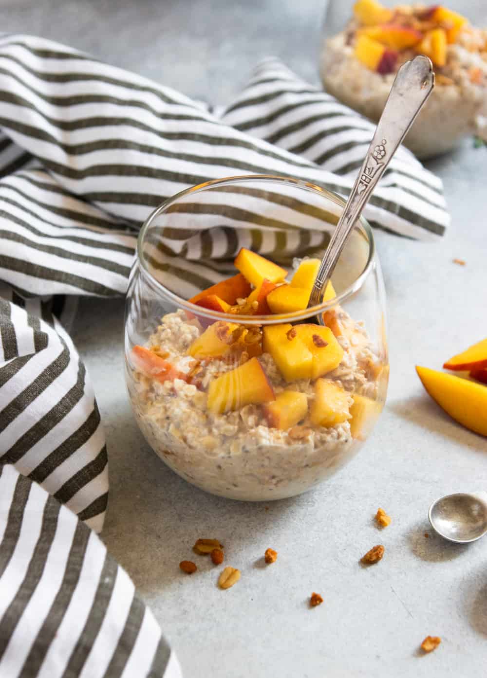 Peach Pie Overnight Oats in glass.