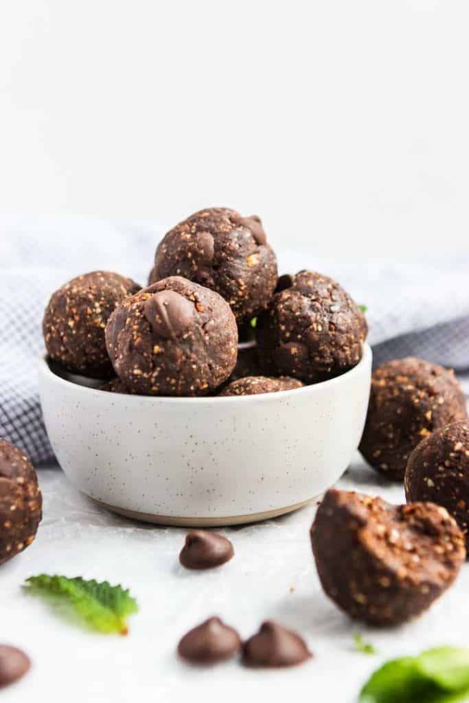 Bowl of no bake brownie bites.