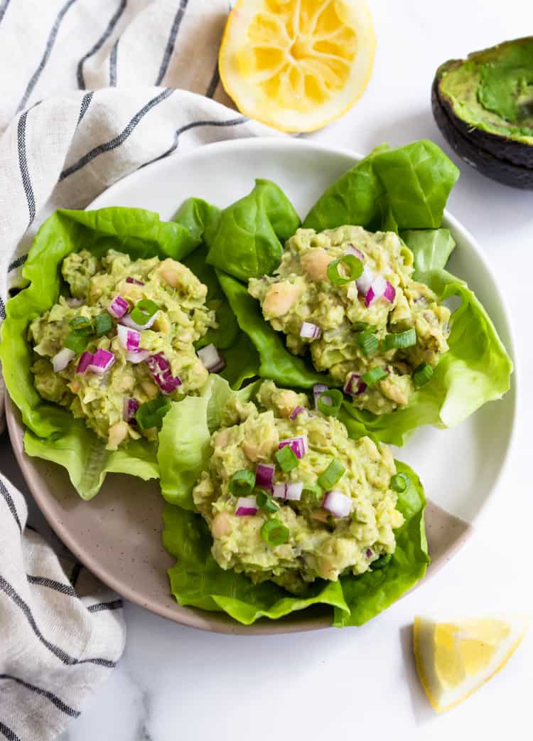 Vegetarian Lettuce Wraps: Mashed Avocado + White Bean Lettuce Wraps.