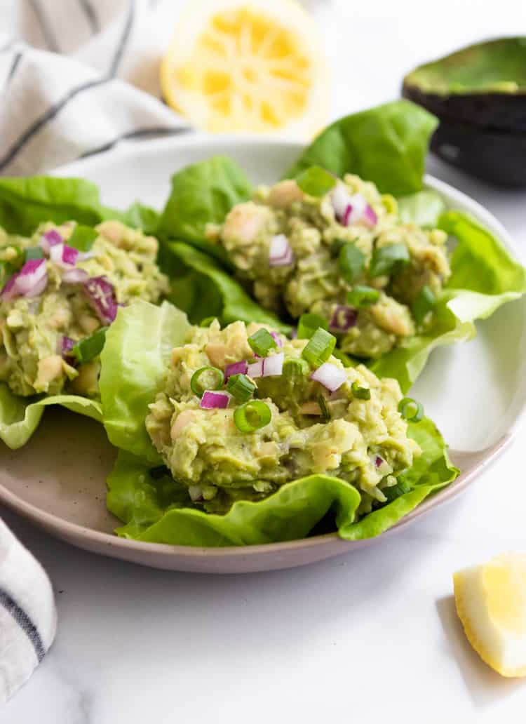 Vegetarian Lettuce Wraps: Mashed Avocado + White Bean Lettuce Wraps.