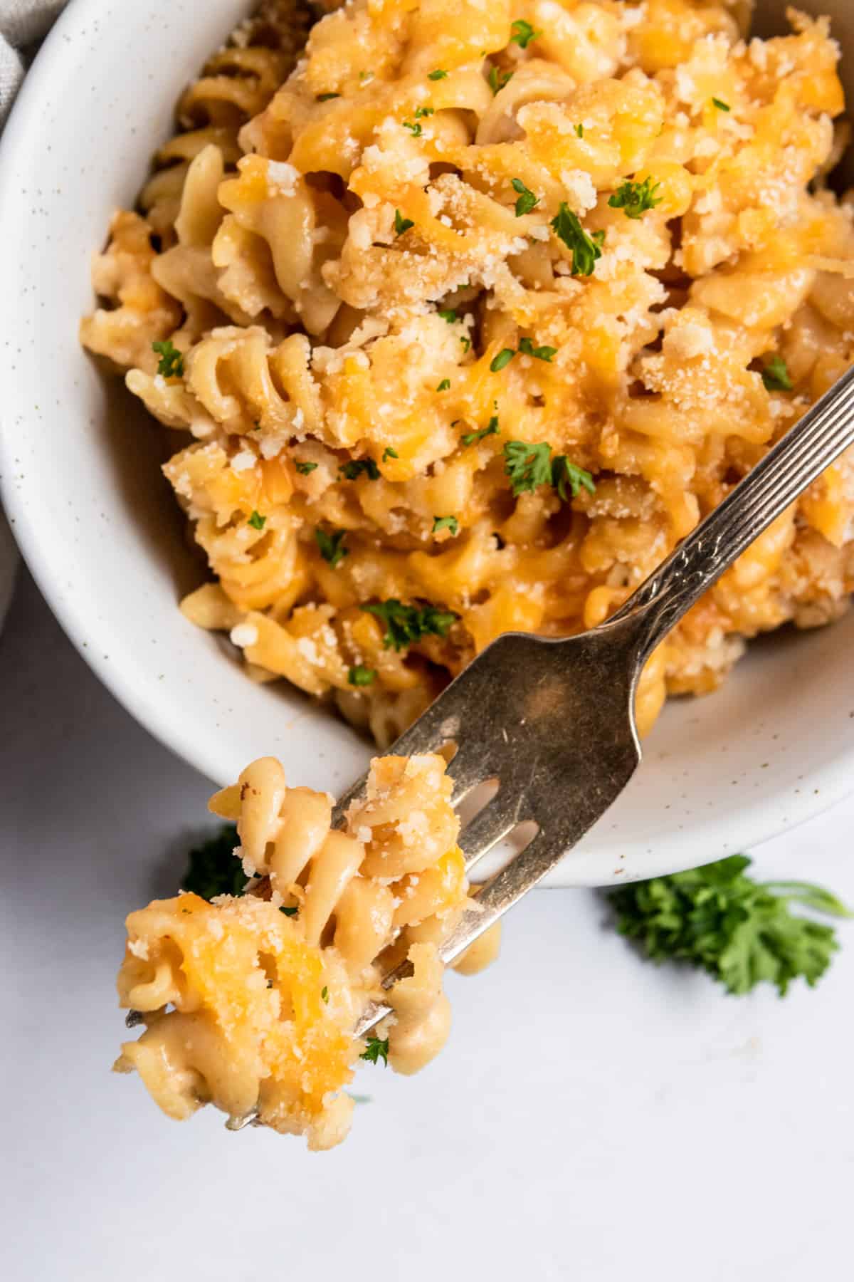 Forkful of protein mac and cheese.
