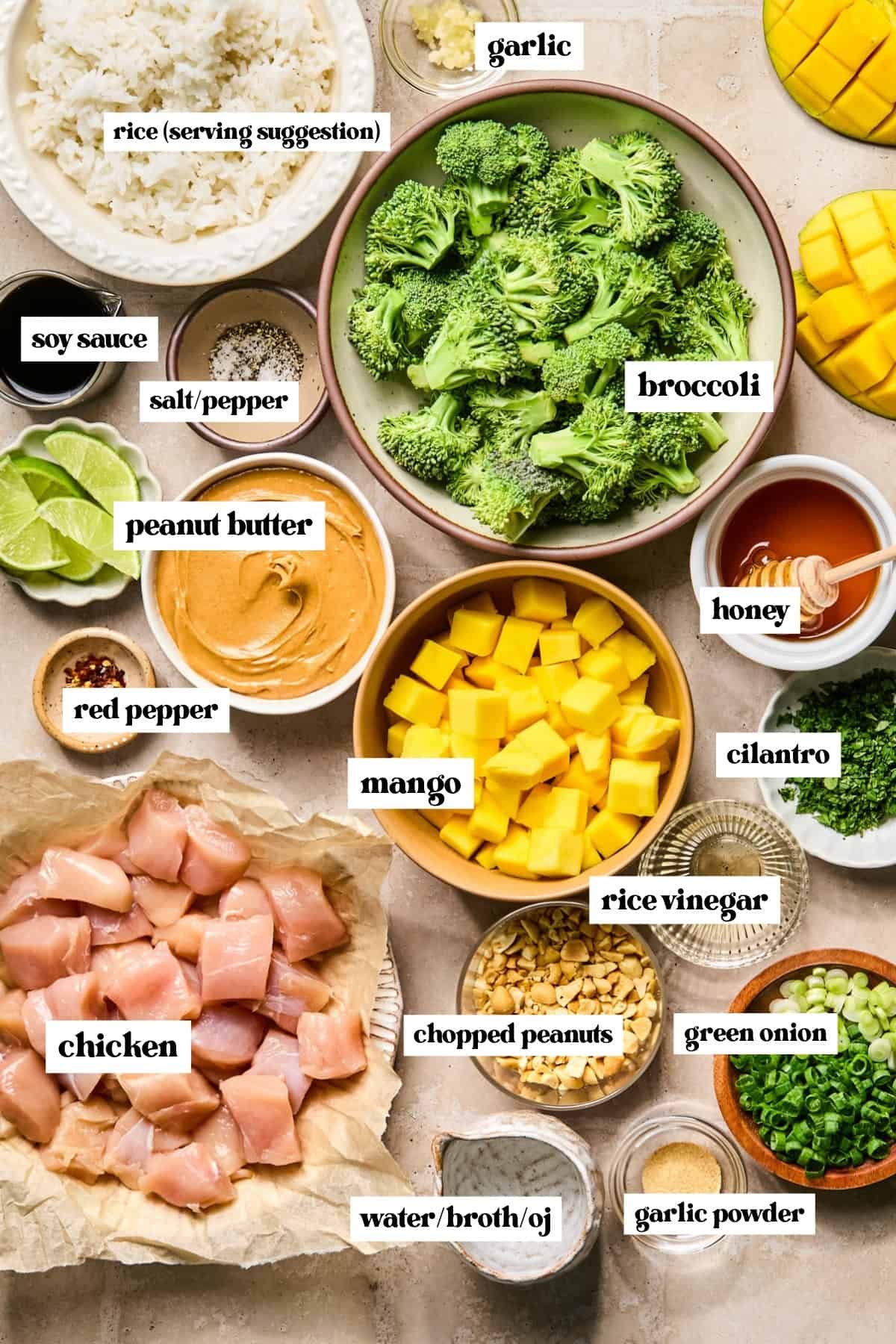 Chicken, broccoli, honey, soy sauce, peanut butter and other labeled ingredients.
