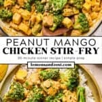 Skillet with peanut mango chicken and then plated over rice with crushed peanuts and lime wedge.