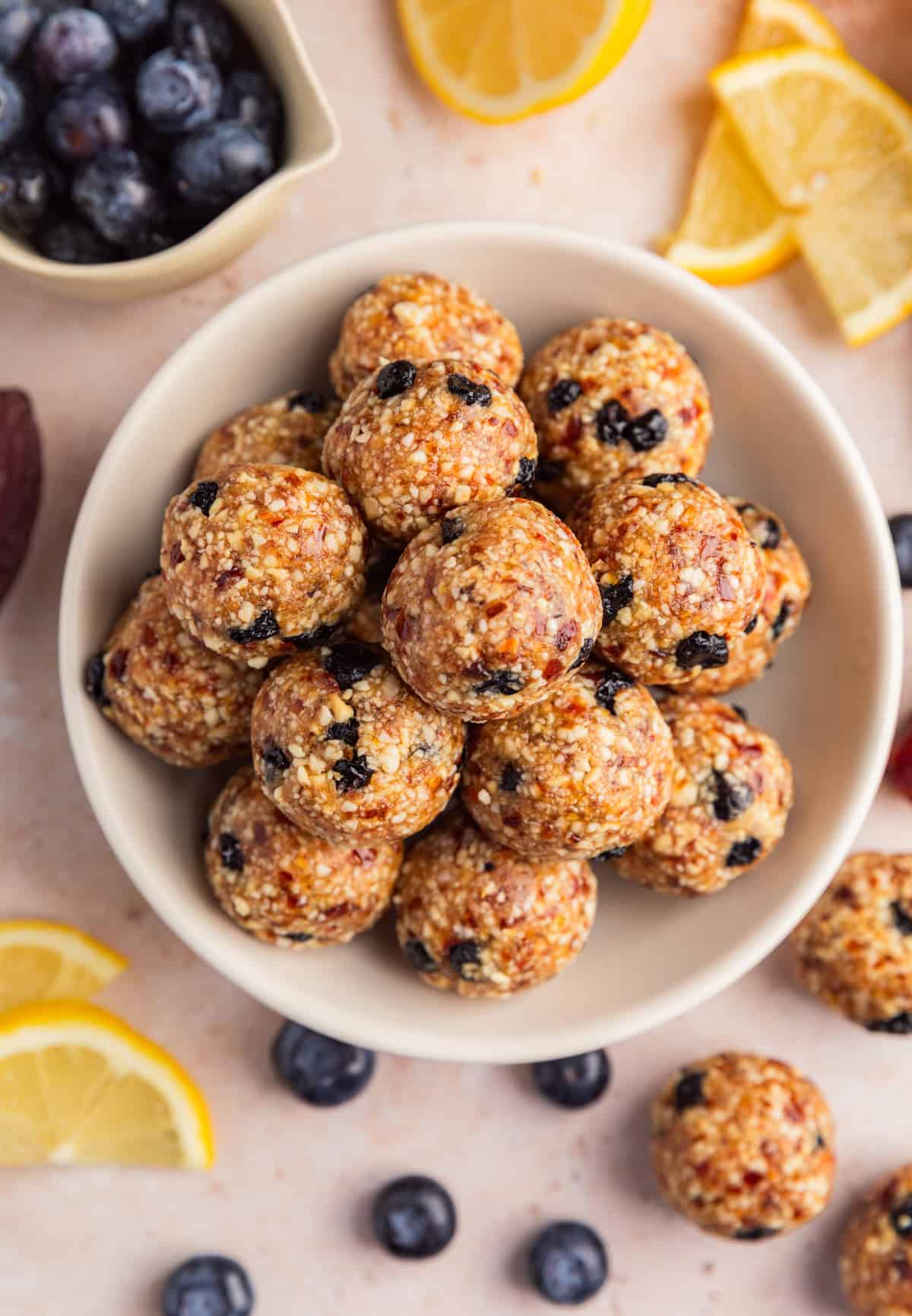 Blueberry lemon balls in bowl.