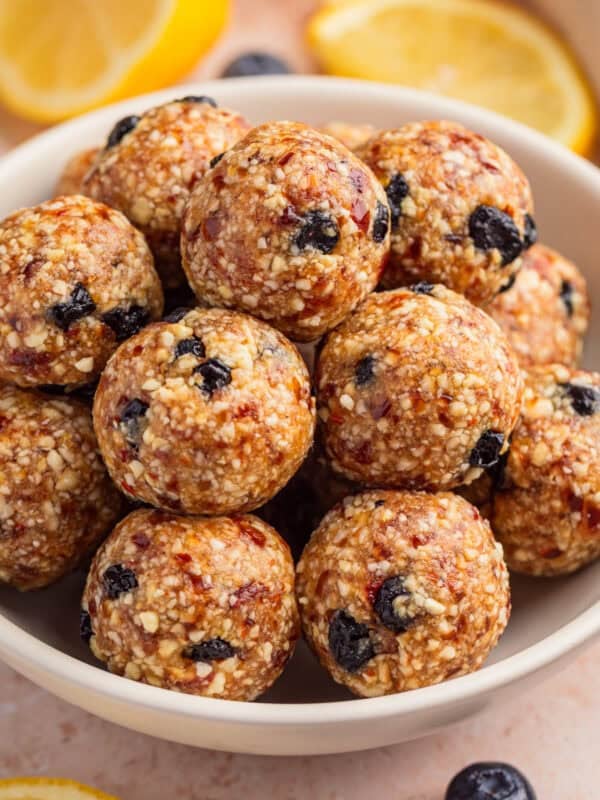Blueberry lemon energy balls in bowl.