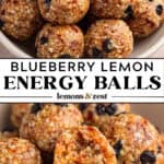 Blueberry lemon energy balls in bowl and then with bite taken out of one.