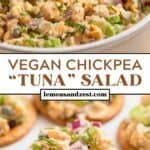 Chickpea tuna salad in bowl and then served on crackers.