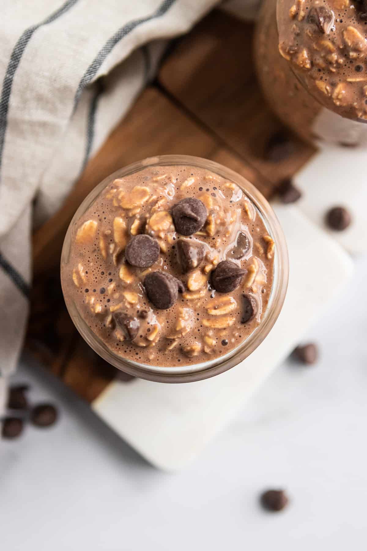 Overhead shot of chocolate overnight oats with chocolate chips.