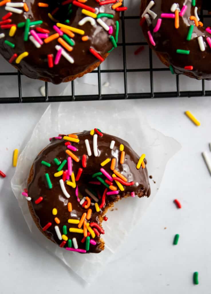 Bite shot of Greek yogurt whole wheat donuts.