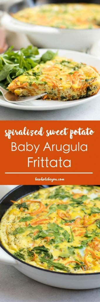 Spiralized Sweet Potato Baby Arugula Frittata. Farm fresh eggs, packed with veggies and freshly grated Parmesan cheese. Breakfast will be at its best. #fritatta #breakfast #spiralizer