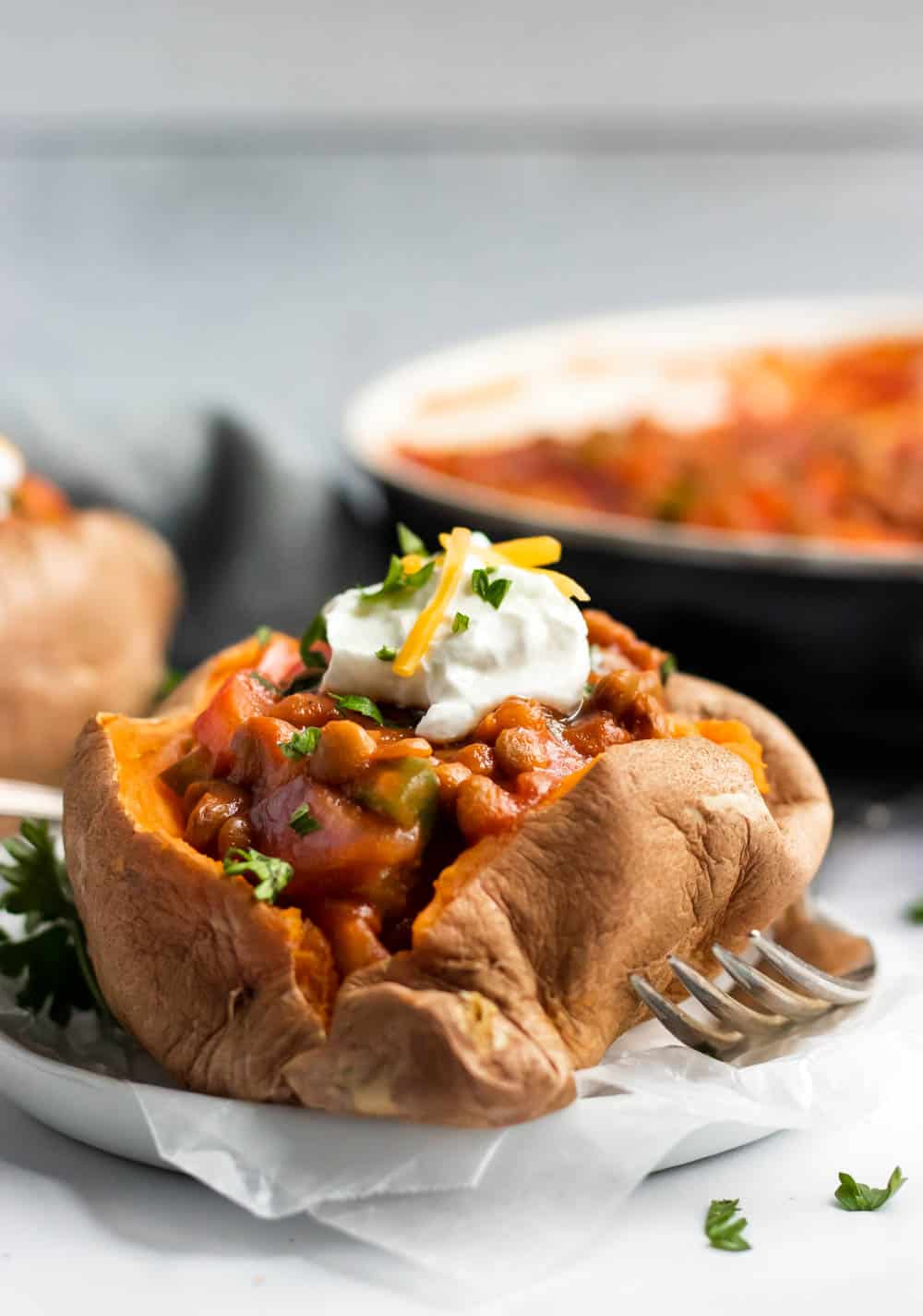 Lentils stuffed in sweet potato.