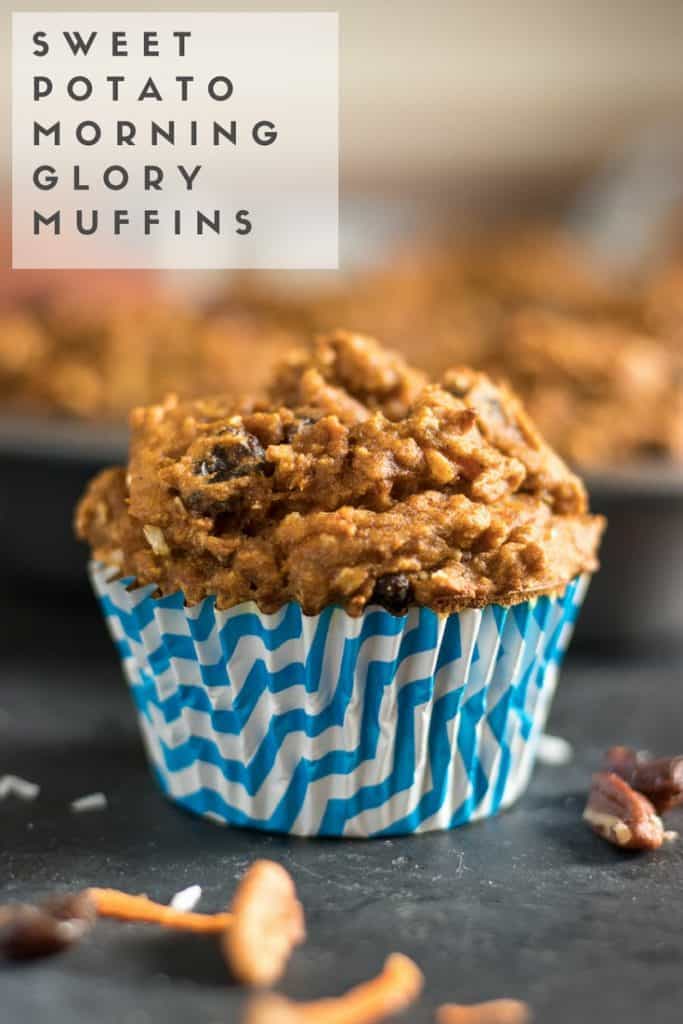 Sweet Potato Morning Glory Muffins. Rise and shine with these fluffy moist muffins packed with carrots, coconut, raisins and pecans--plus sweet potato! Breakfast of champs. #muffins #sweetpotato #morningglory #baking #breakfastrecipe #morningglorymuffin #sweetpotatoes