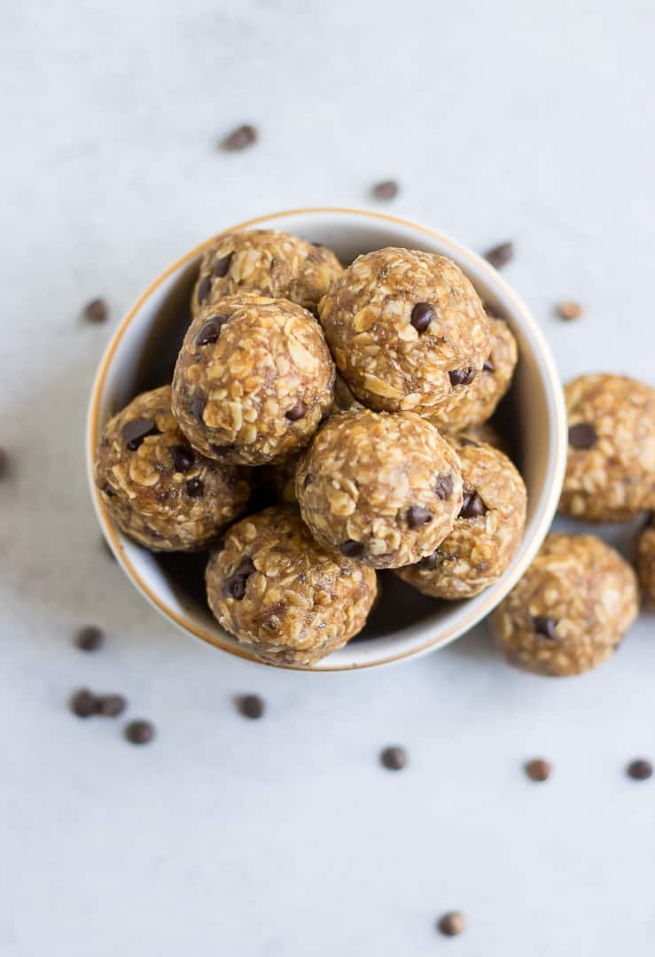 Overhead view of banana oatmeal balls with chocolate chips.