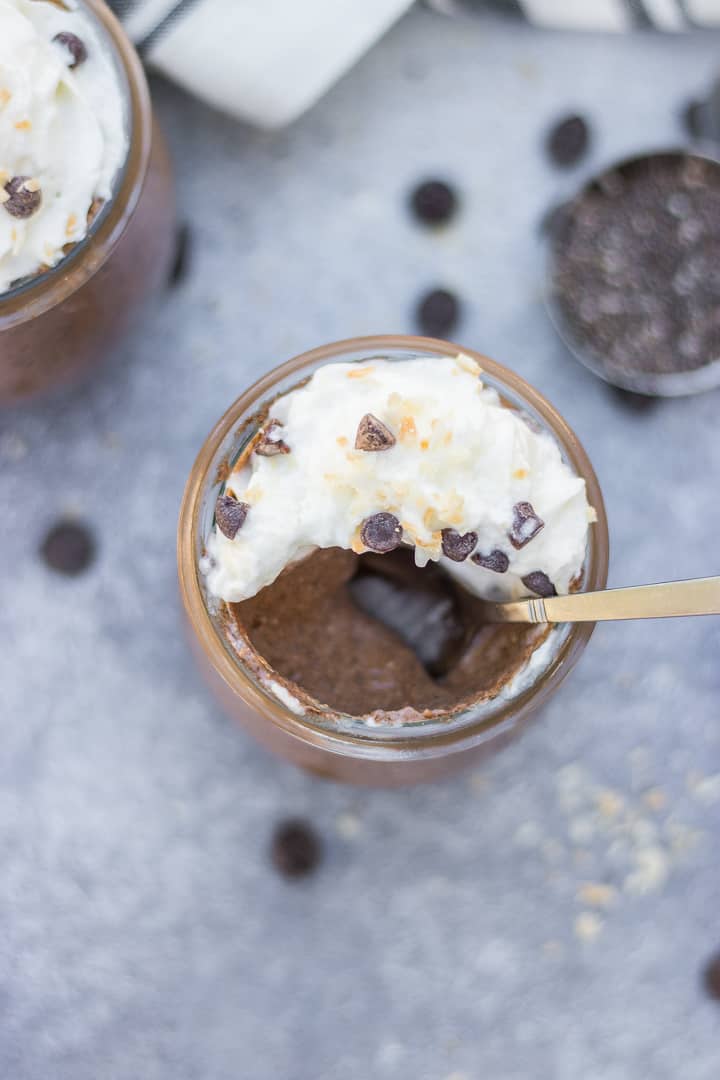 Chocolate Chia Pudding with coconut, whipped cream and chocolate chips.