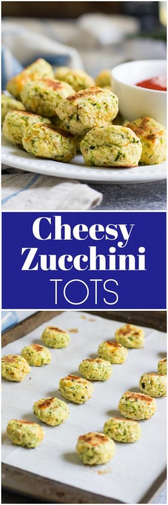 These Cheesy Zucchini Tots are a fun way to get the family to eat some veggies with a smile! They are simple to whip up and perfect for dipping into your favorite sauce! Crispy baked goodness on the outside and cheesy garlic on the inside. No one will know they are so healthy! #zucchini #zucchinitots #veggietots #baked #vegetables #sidedish #appetizer #kidsinthekitchen