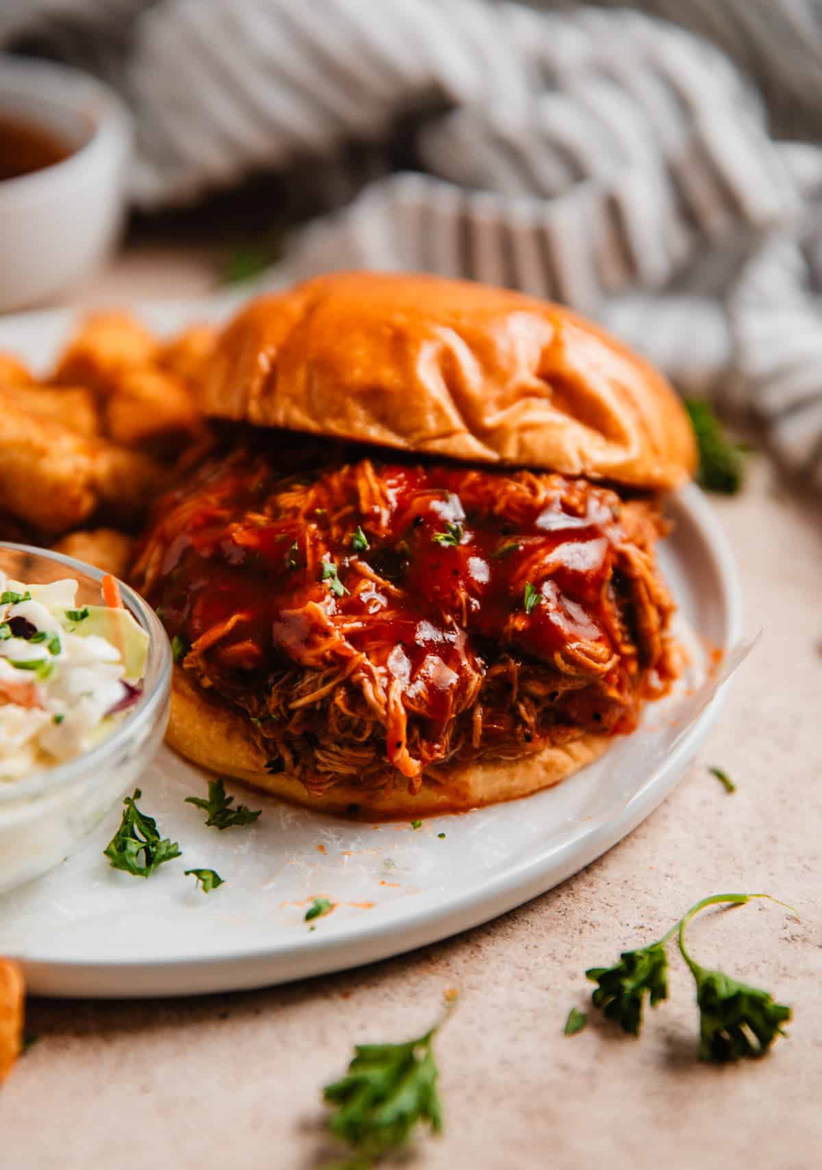 Pulled BBQ chicken sandwich on plate with cole slaw and tater tots.