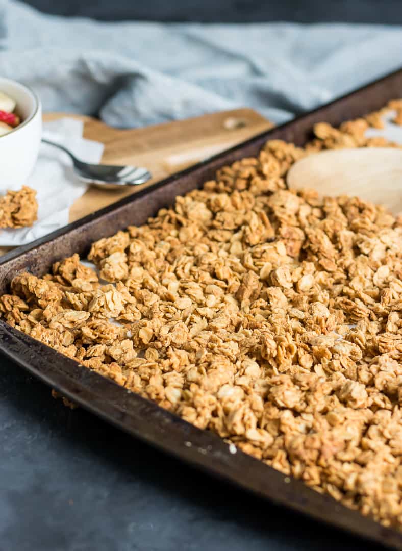 Crunchy Peanut Butter granola on baking pan.