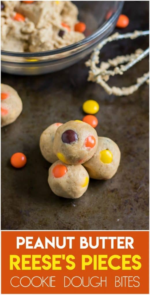 Have your cookie dough and eat it too! Egg-less, edible cookie dough that is! These Peanut Butter Reese's Pieces Cookie Dough Bites are a simple way to add a fun sweet treat this Halloween or any other time of the year when you are craving all things peanut butter! #cookiedough #peanutbuttercookiedough #reeses #reesespieces #nobake #halloween #simplerecipe