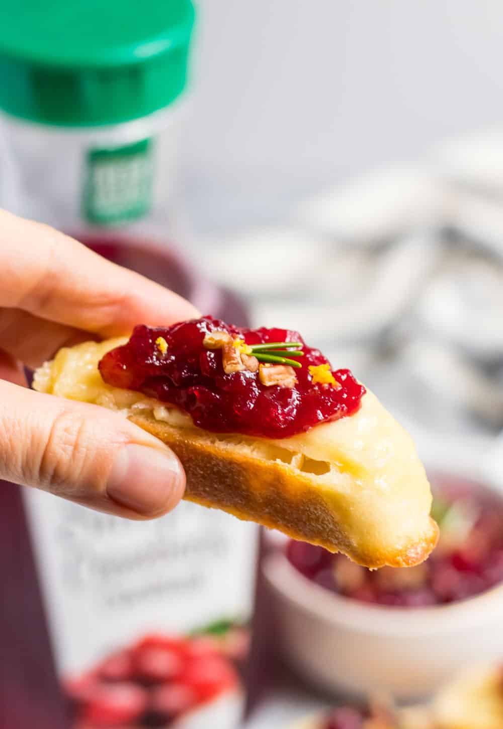 Cranberry Chutney on top of melted brie crostini