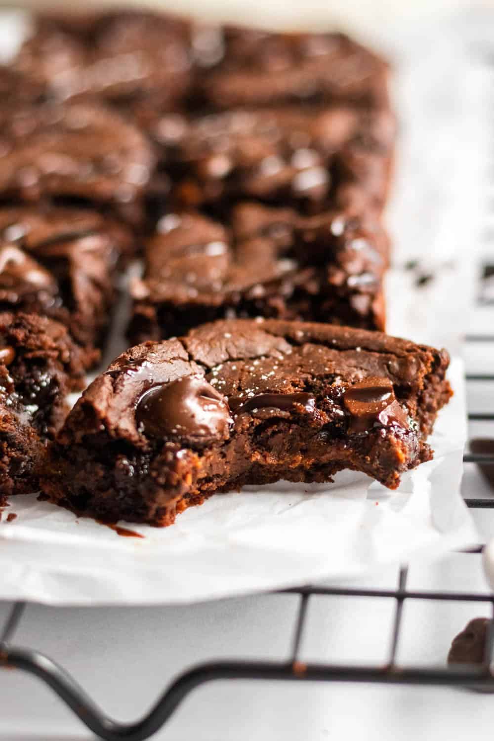 Brownies with chocolate chips on a cooling rack.