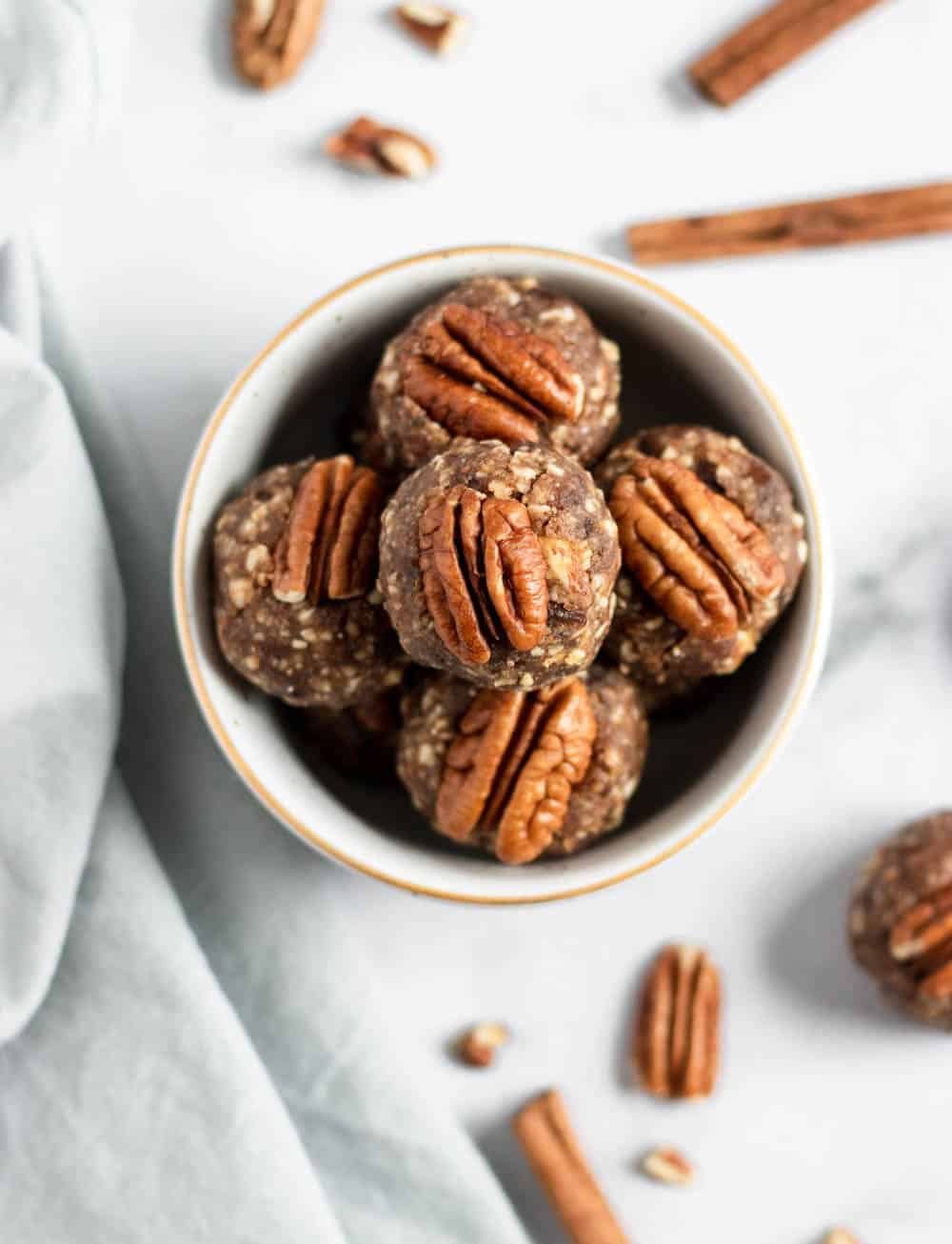 Overhead view of bowl of pecan pie energy bites.