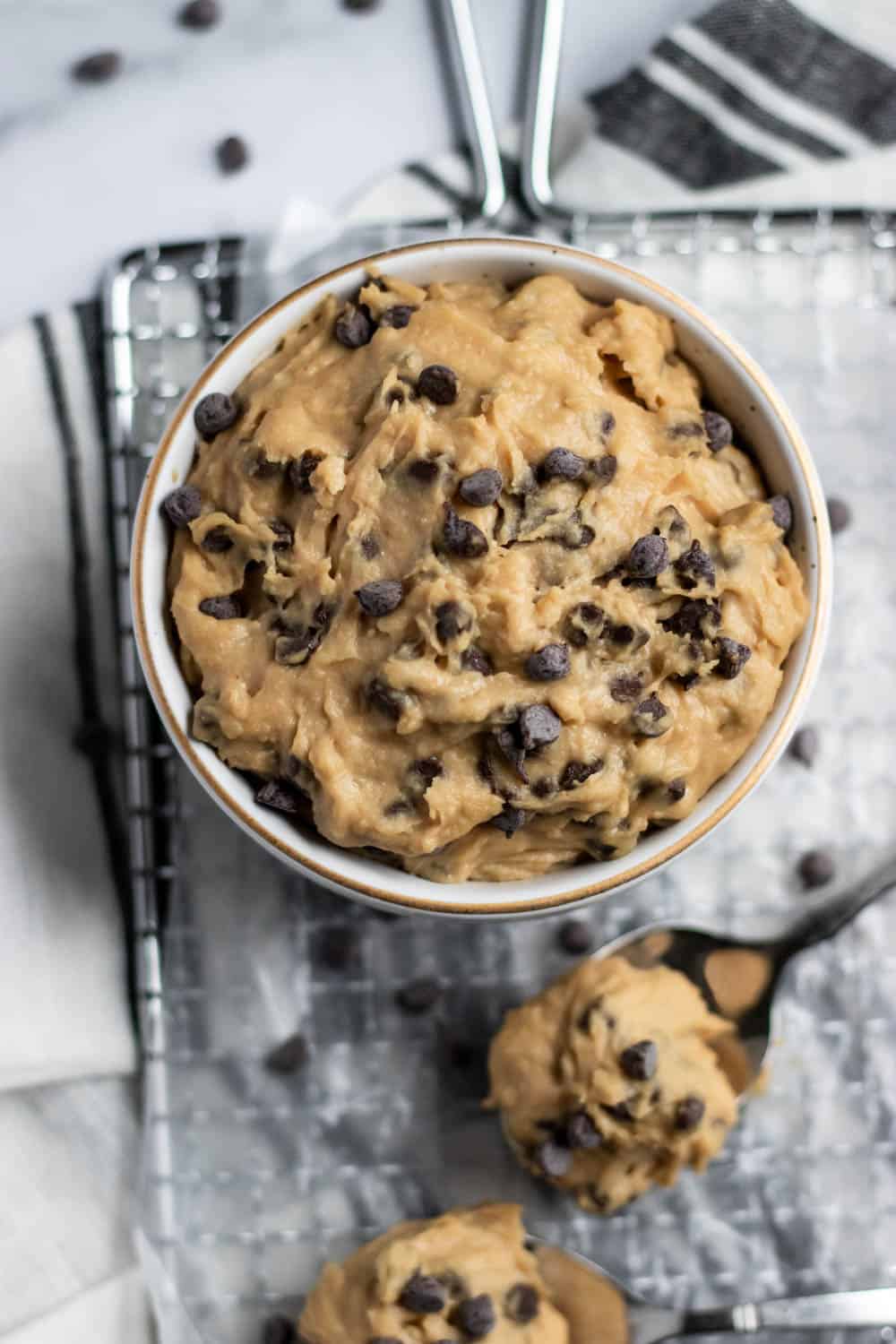 Overhead shot of chickpea cookie dough in bowl.