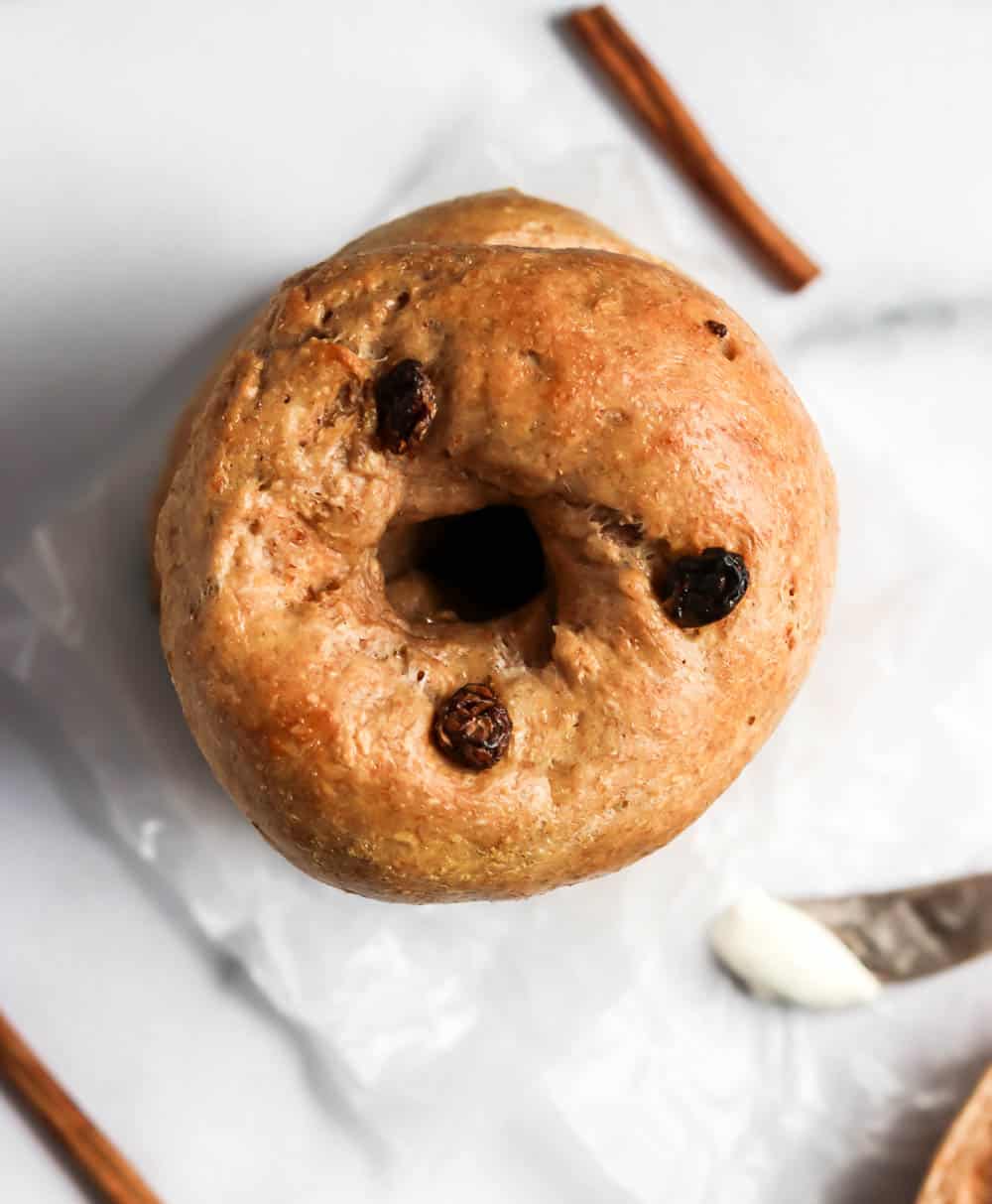 Overhead shot of Cinnamon Raisin Bagel. 