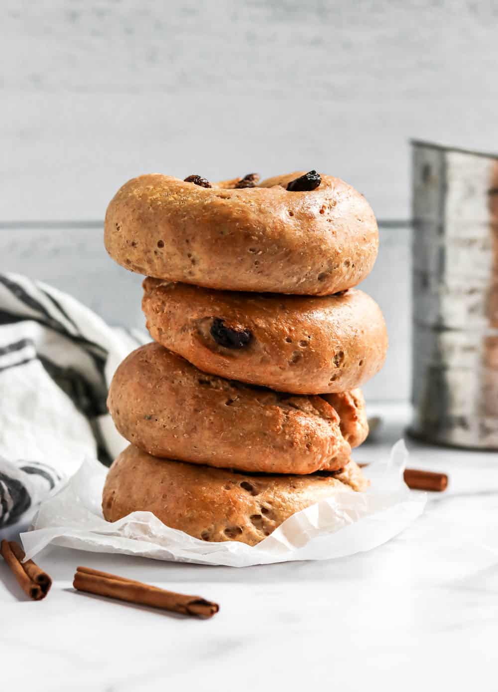 Stack of Cinnamon Raisin Greek Yogurt Bagels.