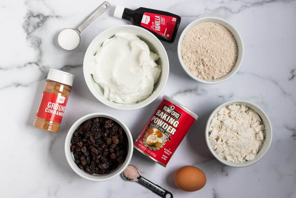 Ingredients to make Cinnamon Raisin Greek Yogurt Bagels.