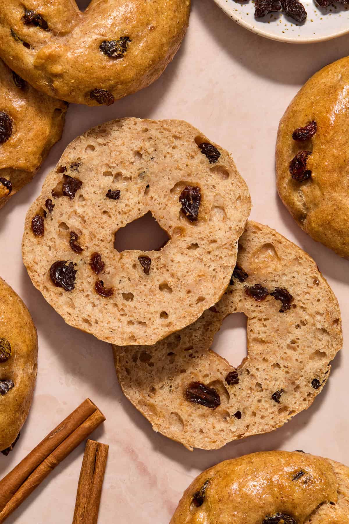 Sliced bagel to show texture on the inside of the bagel.