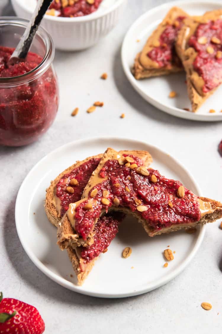 Strawberry Chia Jam spread on peanut butter toast.