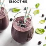 Blueberry Smoothie in a glass with two straw, blueberries and spinach