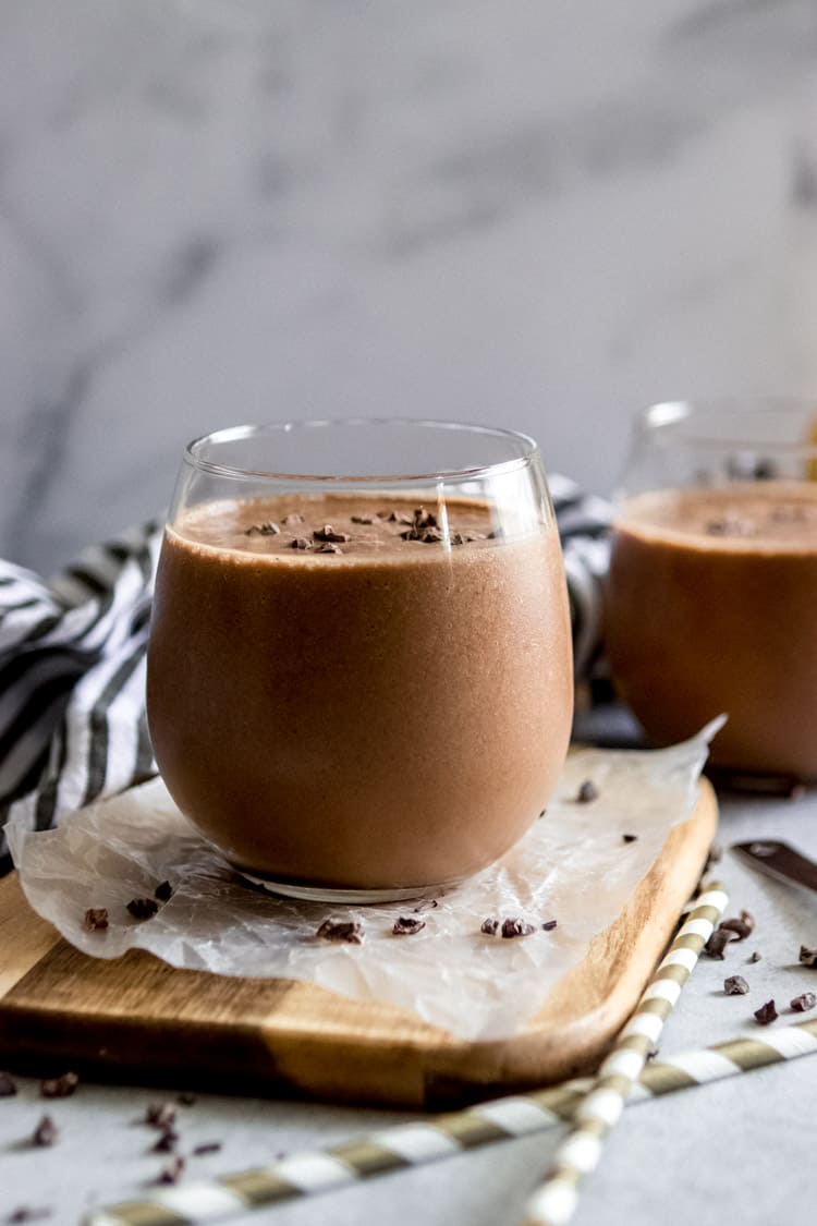 Chocolate Banana Smoothie in glass.