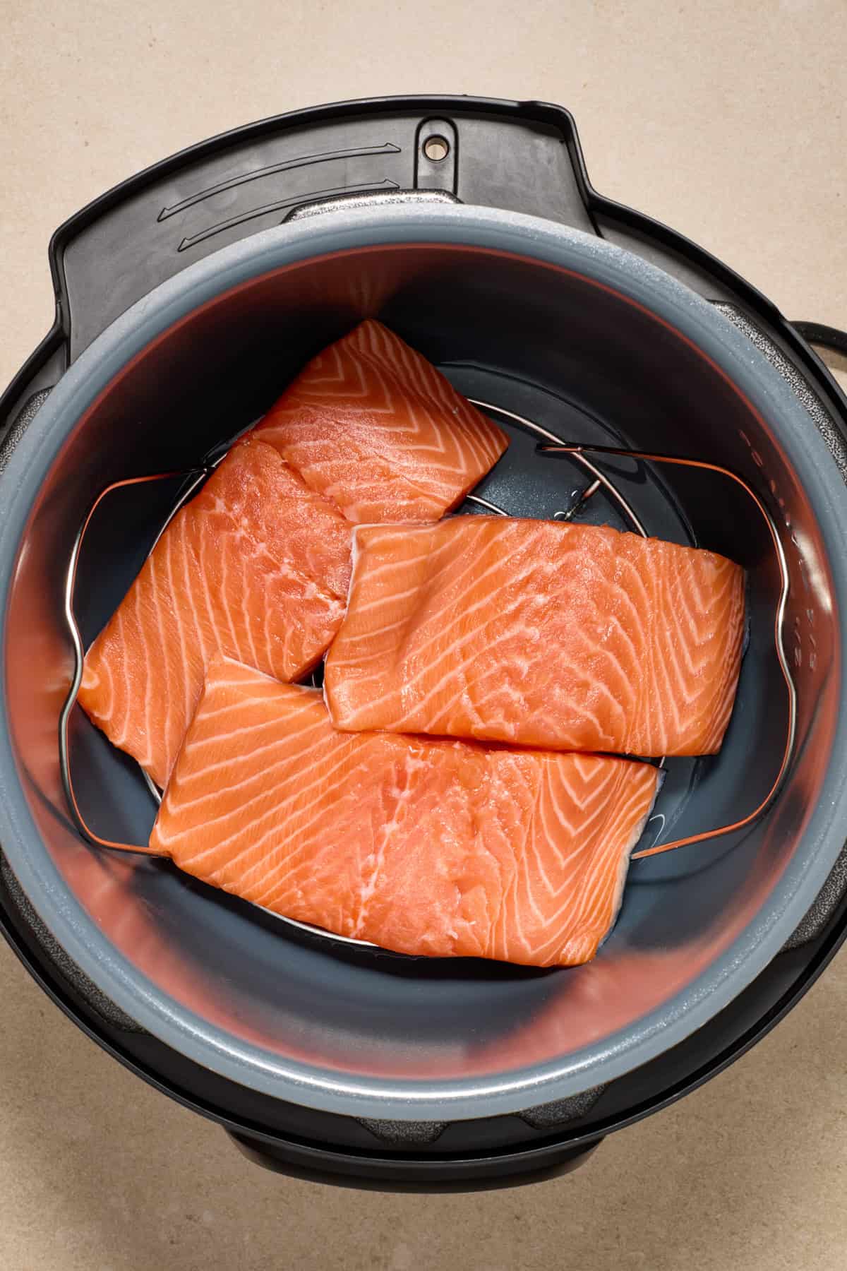 Raw salmon filets in Instant pot on rack.