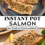 Butter herb cooked salmon in the Instant pot and then served on a plate with broccoli and rice.