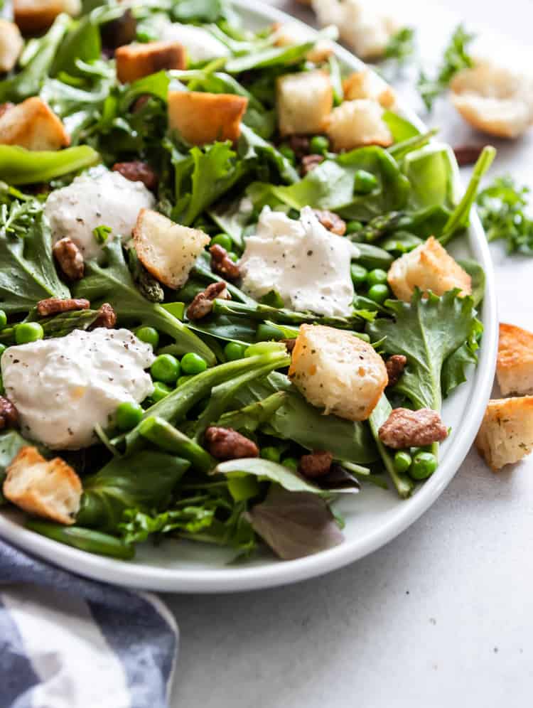 Salad on white plate with sourdough croutons.