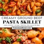 Pan with creamy tomato ground beef pasta and then served on plate.