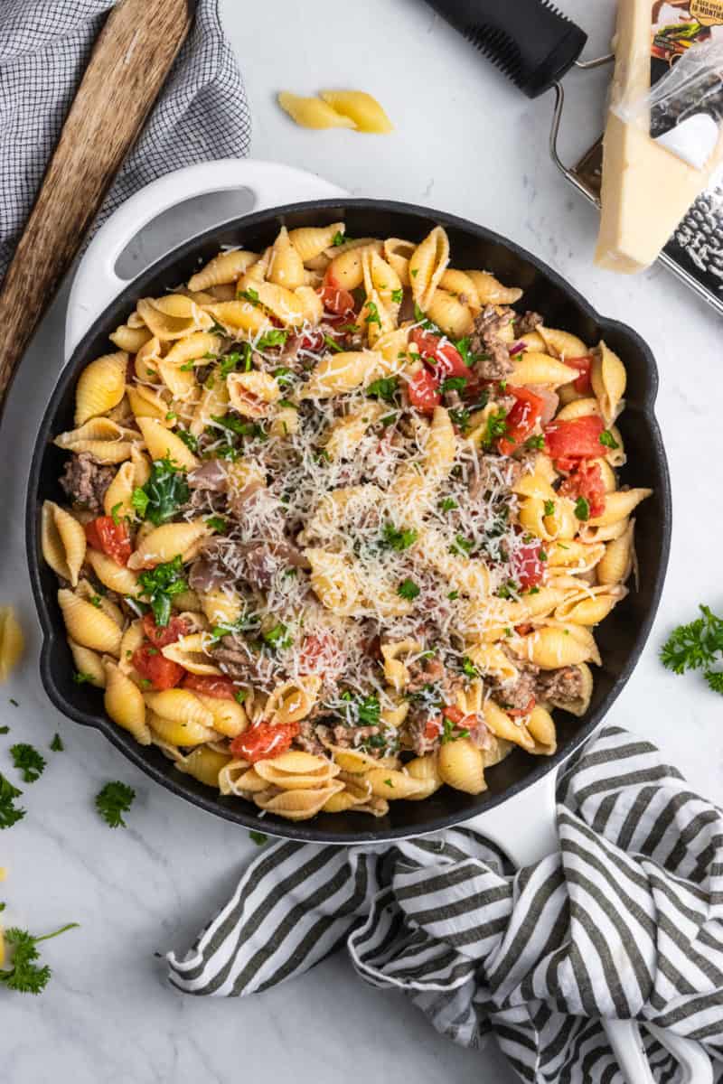 Simple Ground Beef Pasta Skillet Recipe | Lemons + Zest