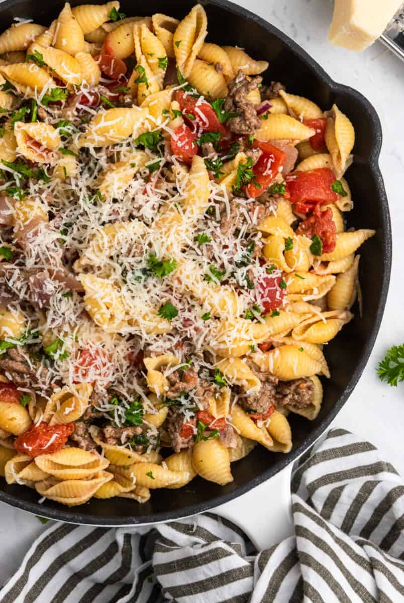 Simple Ground Beef Pasta Skillet Recipe | Lemons + Zest