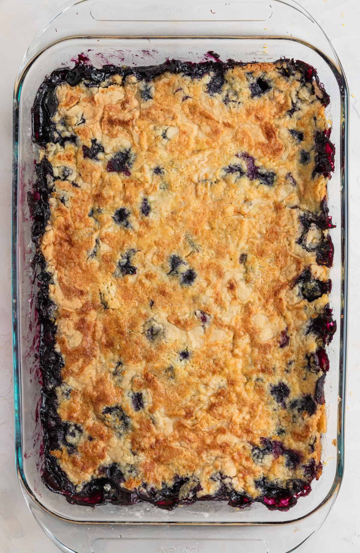 Baked blueberry lemon dump cake fresh from the oven.